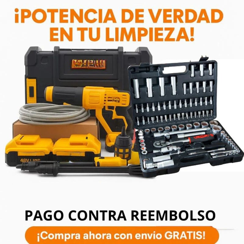KIT ORIGINAL: HIDROLAVADORA PORTÁTIL + ACCESORIOS + 2 BATERÍAS 48V + CAJA DE HERRAMIENTAS DE 108 PCS DE REGALO - PROMOCION CIERRE DE LA TIENDA